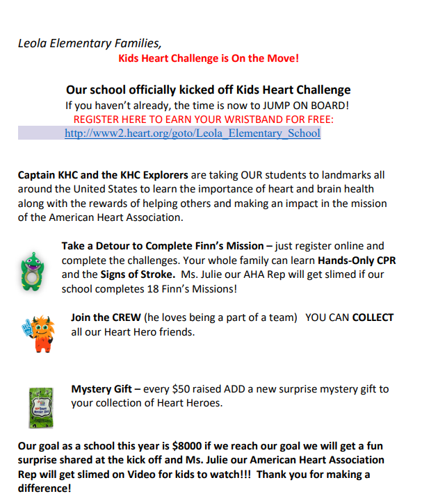 Kids Heart Challenge Kick Off @ Leola School March 16th for Grades Pre-8th Grade